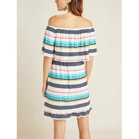 Anthropologie Boho Off the Shoulder Mini Dress XL White Striped A-Line Pleated - Picture 4 of 7